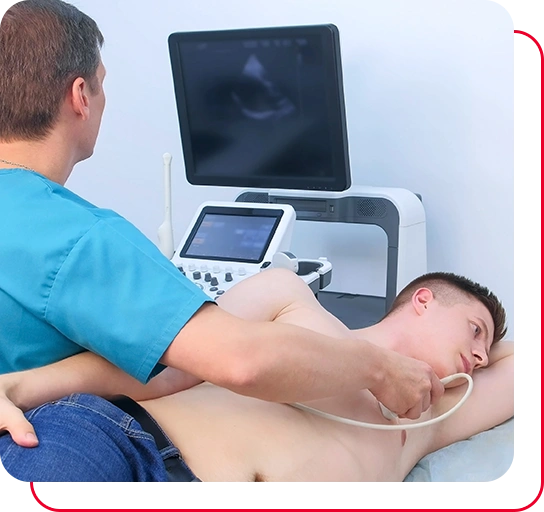 Echocardiography. Man doctor examining guy patient's heart by using ultrasound equipment.